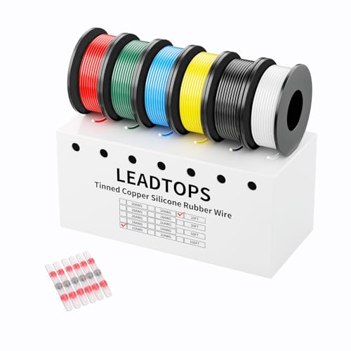 LEADTOPS Câble électrique en silicone 22 AWG 6 x 3,05 m, 0,33 mm², 6 couleurs, câble de raccordement flexible, en cuivre étamé, 3,05 m/couleur