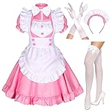 Japanese Anime Sissy Maid Dress Cosplay Sweet Classic Lolita Fancy Apron Maid Dress with Socks Gloves Set (Pink)(M = Asia L)