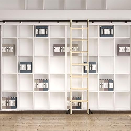 Black Rolling Library Ladder Hardware Home Office Library Barn Style Sliding Ladder Track Kit(No Ladder), Tensible Top Hook on Rolling Hardware, Brake Bottom Wheels(Size:8ft/2.44m Track kit)