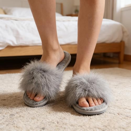 Image of Fur Story Women's Furry Slippers Open Toe Fuzzy Slippers Memory Foam Fluffy House Sandal
