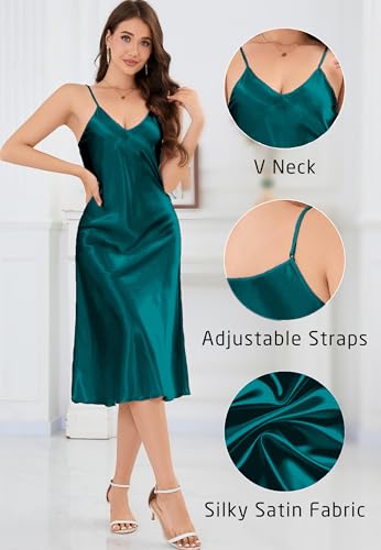 Image of ALCEA ROSEA Women's Midi Satin Slip Dress Adjustable Spaghetti Strap Nightgown Silky Under Dresses