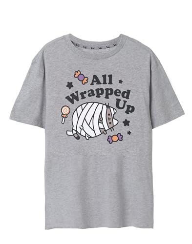 Pusheen the Cat Pusheen Womens Short-Sleeved T-Shirt | All Wrapped Up Grey Halloween Graphic Tee for Adults Seasonal Grey Short Sleeve Top | Spooky and Cute Merchandise Gift for Women