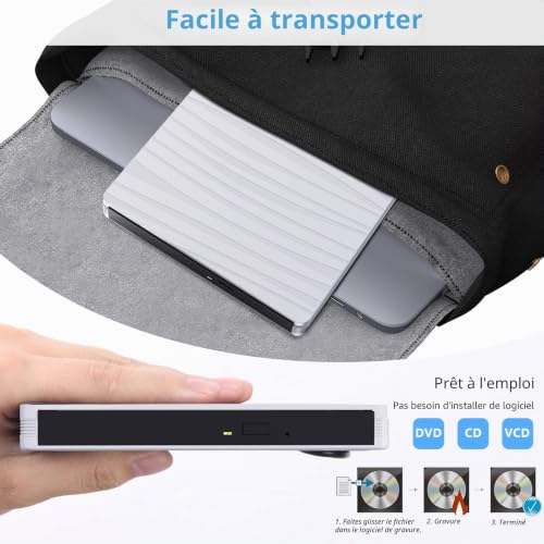 Lecteur CD DVD Externe, Graveur CD Externe avec USB3.0 Type-c, Ultra-Mince CD/VCD /-RW/ROM Portable Lecteur CD Externe pour PC, Desktops, Laptop, Mac, Macbook, Windows11/10/8/7/XP/Vista/MacOS, Blanc – vue 6