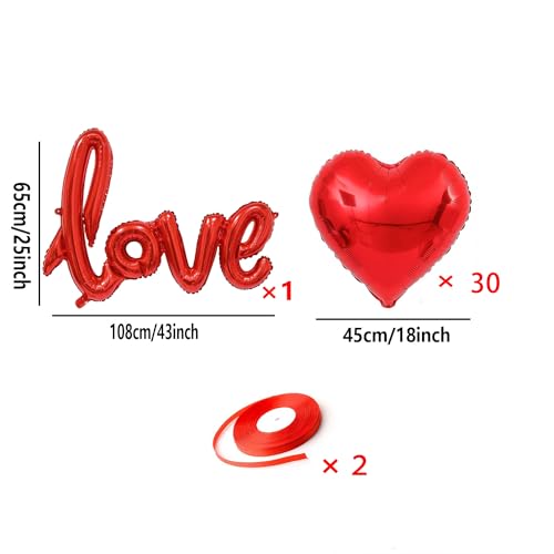 30 Pcs Red Heart Foil Balloons 18 Inches, 1 Pc Love Foil Balloon, Valentines Heart Foil Balloons Helium, Red Love Heart Valentine's day Decoration