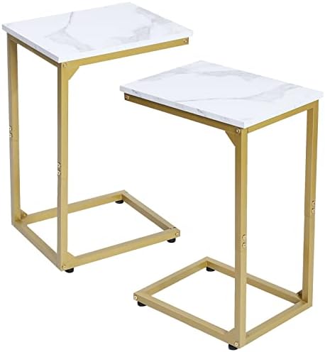 AMHANCIBLE C Shaped End Table Set of 2, C Tables for Sofa, Snack Couch Tables That Slide Under, Side Tables Living Room, Bedroom(Golden White Marble)