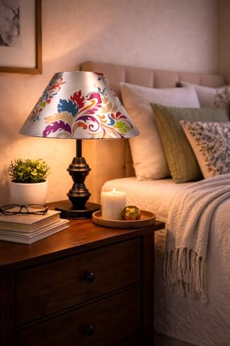 Image of tu casa Modern Table Lamp with Crimson Floral Satin Shade | Metal Iron Base Decorative lamp for Living Room| Decorative Lighting for Living Room,Designer Table Lamp for Gifting (Vivid Petal Fusion)
