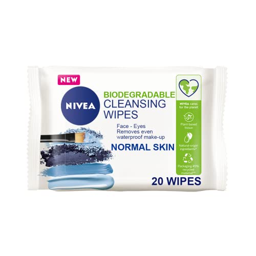 NIVEA Toallitas de limpieza biodegradables para piel normal (20 hojas), toallitas biodegradables hechas de 100% fibras vegetales, toallitas de maquillaje, removedor de maquillaje