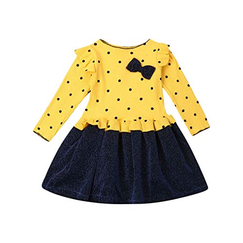 0-4 Anos Bebê Menina Outono Inverno Vestido de Manga Longa Polka Dot Amarelo & Shiny Saia Costura Ve