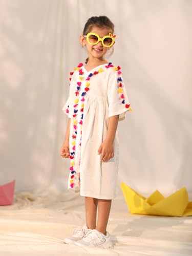Image of VASTRAMAY Girl's Fit and Flare Knee Length Handcrafted Cotton Blend Flared Dress V-Neck with Colorful Tassel Lace Perfect for Festive Outfit