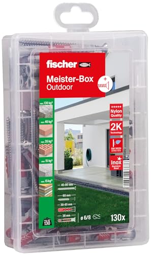 fischer Practical helper outdoor and wet room, dowel box, 130 pieces with stainless steel screws, DuoPower & DuoSeal dowels, universal set for fixings in wet rooms and outdoor areas