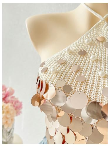 MakeMeChic Women's Summer Y2K Party Halter Tops Pearl Beaded Sequin Sweater Knitted Crop Tops4