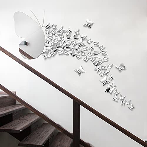 38 Pieces Diy Mirror Butterfly Combination 3D Butterfly Wall Decals Stickers 3D Acrylic Mirror Wall Decor Sticker Removable Mural Modern For Wall Home Bedroom Living Room Decorations, Silver #TOP6