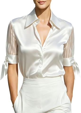 Women's Silky Satin Button Down Shirt Sheer Striped Short Sleeve Dressy Blouse Tie Cuff Lapel Slim Fit Casual Summer T-Shirt for Work Office Business