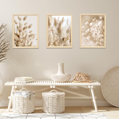 3 Pcs Framed Canvas Wall Art Botanical Wildflower Canvas Prints Beige Pampas Grass Sage Floral Pictures for Living Room Bedroom Kitchen Hallway Wall Decor 90x40cm(12"x16"x3pcs) (No Plexiglass) - Image 3