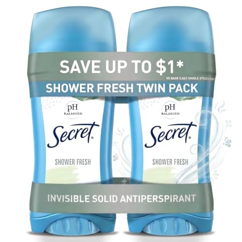 Secret Antiperspirant and Deodorant for Women, 24hr Sweat & Odor Protection, PH Balanced Protection, Gentle on Skin, Invisible Solid, Shower Fresh Scent, 2.6 oz (Pack of 2)