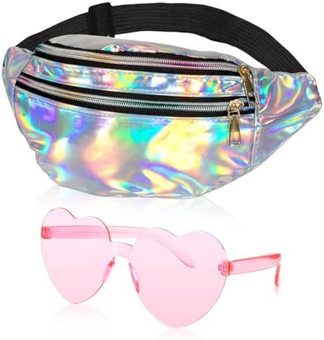 Marsupio Olografico Con Occhiali A Cuore Glitterati – Set Anni 80/90 Per Feste E Festival, Rosa