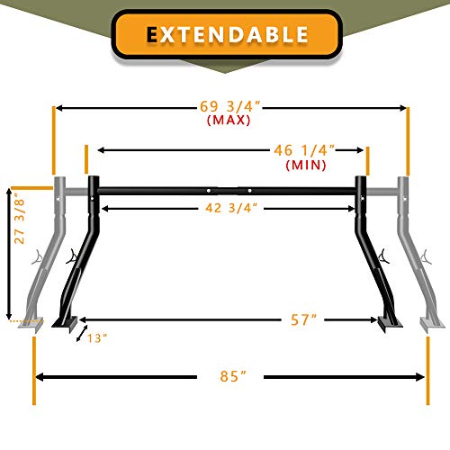 Truck Ladder Rack 800lbs Capacity with 8 Non-Drilling C-Clamps Heavy Duty Extendable Universal Pickup Ladder Rack Two-bar Set Matte Black One Pair