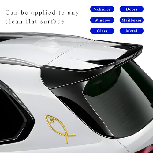 Image of 2PCS Christian Cross Fish Car Emblem, Large Jesus Fish Cross Auto Emblem Badge Bumper Sticker, Weatherproof Christian Fishes Symbol Ichthus Religious Decal for Most Vehicles (Golden+Golden)