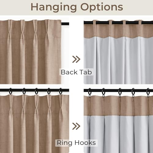 Pinch Pleated Blackout Curtains 108 Inches Long, Linen Blend, 100% Blackout Drapes with 20 Hooks, Ideal for Bedroom and Living Room, 40" W x 108" L (Pack of 2), Tawny Brown