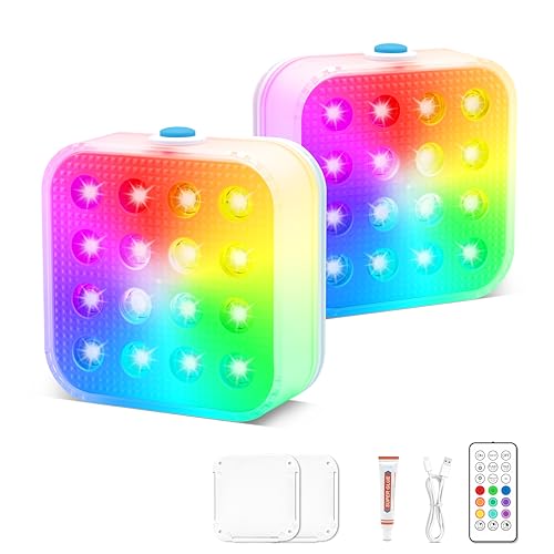 Creatrek Rechargeable Pool Lights with Remote, 16 Color Changing Submersible LED Lights, Waterproof Pool for inground, Ponds, Bathtub Decorations, 2 Pack