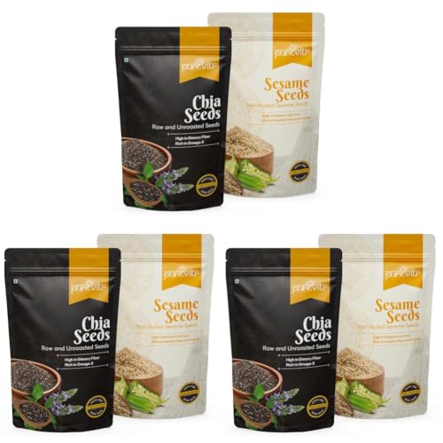 Image of Purevitr Chia Seeds & Non-Hulled Sesame Seeds Combo | 400g (200g Each) | Omega-3, Fiber & Calcium-Rich Superfood (Pack of 3)