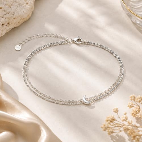 Image of CHIC & ARTSY 925 Sterling Silver Ankle Bracelets for Women, Adjustable Double Layer Chain Anklets, Minimalist Lightweight Foot Jewelry for Beach & Everyday Wear