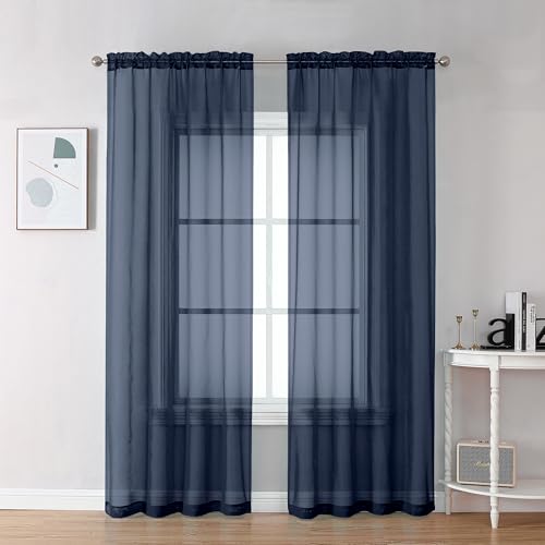 Image of Chyhomenyc Navy Blue Sheer Curtains 78 Inches Long 2 Panels Set for Living Room, Light Filtering Voile Lightweight Bedroom Curtains, Rod Pocket Solid Window Treatment Drapes, Each 42W x 78L