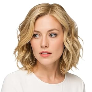 Short Blonde Wig, Blonde Curly Wig Synthetic Hair, Golden Middle Part Wavy Wig for Cosplay, Halloween, Parties, Fashion, 35cm Heat Resistant Fibre