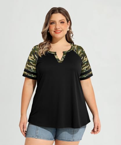 Image of CARCOS Plus Size Tops for Women Short Sleeve Summer Pullover Color Block Crewneck /V Neck Tee Tunic Loose Fit Tshirts XL-5XL