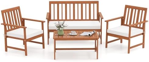 Tangkula 4-Piece Acacia Wood Patio Conversation Set, Outdoor Furniture Set with 2 Armchairs, Loveseat, Coffee Table, Soft Cushions, Slatted Sofa and Chairs Set for Deck, Backyard (Off White,1) Tangkula 4-Piece Acacia Wood Patio Conversation Set, Outdoor Furniture Set with 2 Armchairs, Loveseat, Coffee Table, Soft Cushions, Slatted Sofa and Chairs Set for Deck, Backyard (Off White,1)