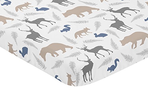 Image of Sweet Jojo Designs Grey and Blue Baby Boy Fitted Mini Portable Crib Sheet for Woodland Animals Collection - for Mini Crib or Pack and Play ONLY