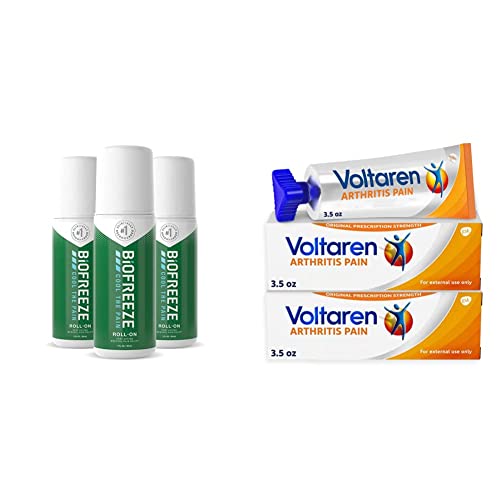 Biofreeze Pain Relief Roll-On, 3 oz. Roll-On, Fast Acting, Long Lasting & Powerful Topical Pain Reliever, Pack of 3 (Packaging May Vary) & Voltaren Arthritis Pain Gel (Pack of 2)