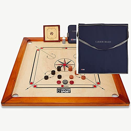 Jeu de carrom - Plateau de jeu à carreaux - En bois naturel - Fabriqué en Inde - Pions Striker dans un petit sac - Parfait et complet (avec sac de transport)