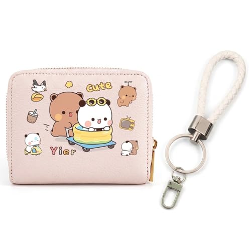 Dudu and Bubu Small Wallet for Girls Kawaii Coin Purse with Beaded Wristlet & Charm Cute PU Leather Mini Zip Card Holder (Leather Cord Style 2)