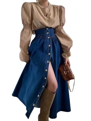 utcoco Women's High Waist Long Denim Skirt Button Down Swing A-Line Jean Maxi Skirt with Pockets (Medium, Dark Blue)