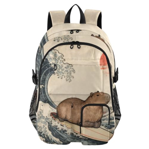 Mochila de viaje japonesa impermeable con diseño de olas y marmota
