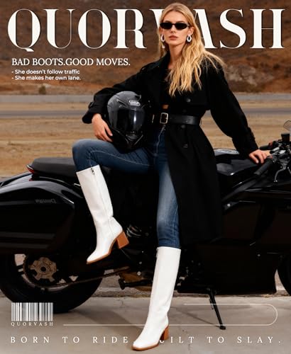 Image of Knee High Boots Women - Long Elastic Faux Leather Boots Tall Square Toe Chunky Block High Heel Shoes with Side Zipper