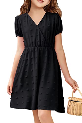 NHDBCUF Girls' Swiss Dot Dress Kids Casual Babydoll V-Neck Flowy A Line Party Swing Mini Dresses for 5-14 Years