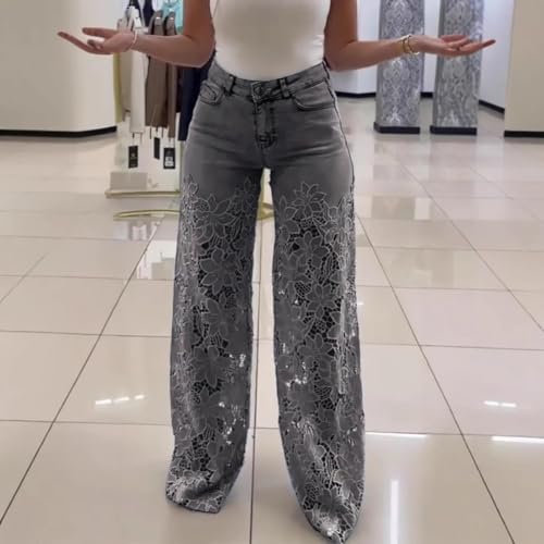 Women's Lace Patchwork Hollow Jeans, Y2k Floral Hollow Out Denim Pants, Ripped Straight Leg Jeans Trouser, Wide Leg Jean3