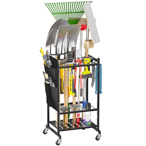 SUFAUY Garden Tool Organizer, Rolling Heavy-Duty Garage Tool Stand, Yard Storage Rack with Casters...