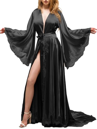 MAYILNSIN Peignoir luxueux en satin pour femme, kimono avec bordure en dentelle, pyjamas de demoiselle d'honneur en soie douce pour mariage, manches longues...