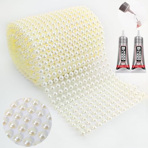 2 Yards Pearl Mesh with Glue, Pearl Trim by The Yard Pearl Ribbon for Crafts DIY Wedding Bouquets Birthday Party Home Decoration, Ivory