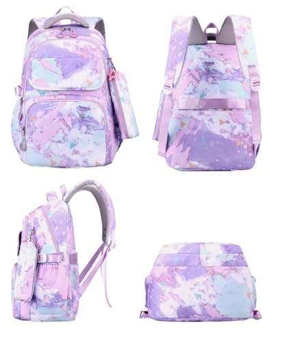 JiaYou Junior Middle School 3Pcs Backpack Sets High School Laptop Bag Marble pattern Daypack with Lunch bag(Purple,34 Liters)3