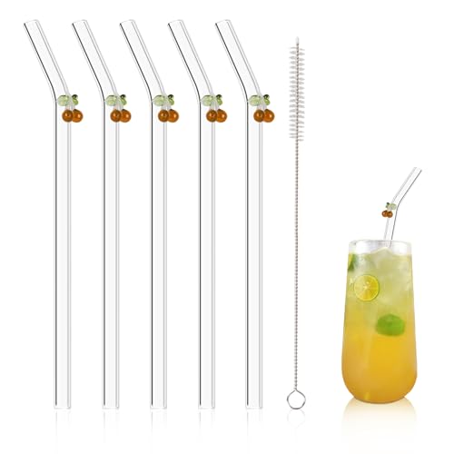 Olpchee Lot de 5 pailles réutilisables en verre transparent avec 1 brosse de nettoyage pour smoothies, milkshakes, jus, thés (caramel)