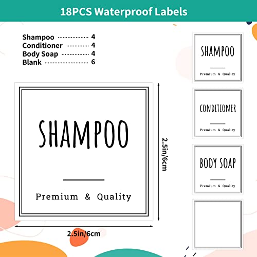 Image of Segbeauty Waterproof Labels for Bottles, 18pcs Shampoo Conditioner White Label Stickers, Removable Self-Adhesive Soap Dispenser Stickers for Bathroom Kitchen Washstand Dresser Plastic Glass Bottle