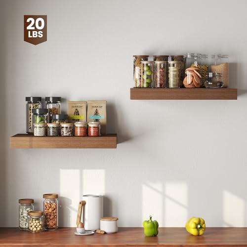 Image of Dreamland 20 inch Floating Shelves for Wall,12 inch Deep Thicker Floating Shelves,Wall-Mounted Shelves for Bedroom,Living Room,Kitchen,Bathroom,Walnut - Set of 2