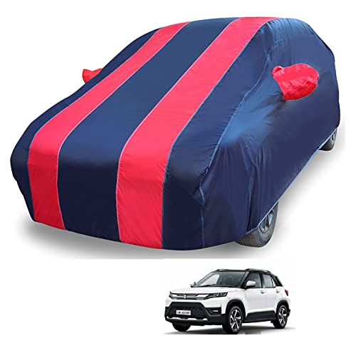 Image of Auto Hub Car Cover Compatible with Maruti Brezza (Model-2022-Till Date) with Mirror Pocket, Weather Proof, Triple Stitched, Brezza Car Cover- Navy-Red