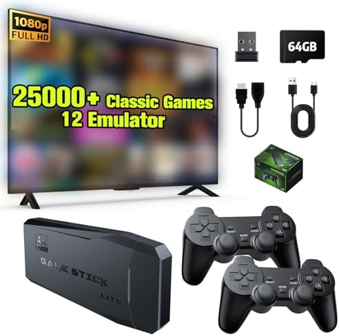 Retro Game Stick, 64G Wireless Retro Gaming Console, Nostalgia Stick Built-in 25000+ Games ＆12 Emulators, 4K HD Output, Plug and Play Video Games for TV, Dual 2.4G Wireless Controllers