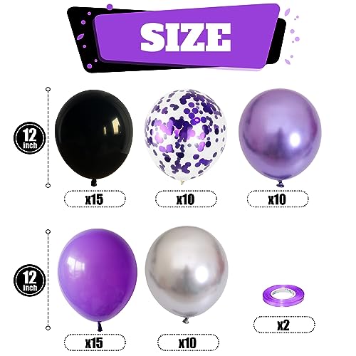 Image of Purple and Black Balloons, 60 Packs 12 Inch Dark Purple Light Purple Black Balloons with Metallic Silver Confetti Latex Balloons for Graduations Halloween Girls Women Birthday Wedding Party Decoration