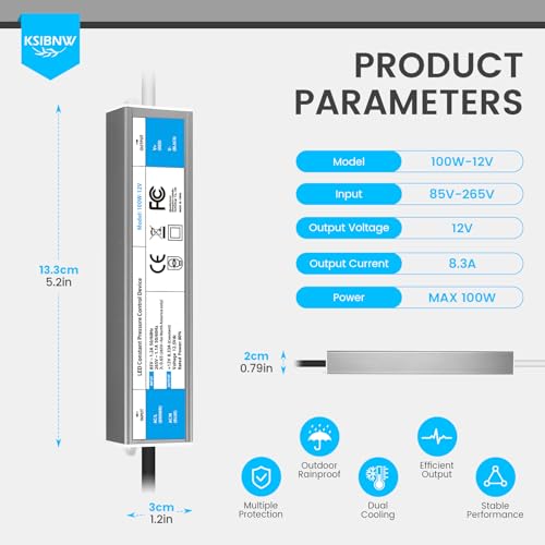 Miniatura 6 de Ksibnw Transformador 220v A 12v 100w, Impermeable Ip67 Fuente De Alimentación Exterior Ultra Fino Led Driver Con Enchufe Ac 220v A Dc 12v 8,3a 100w Tensión Controlado Voltaje Constante Driver De Bajo